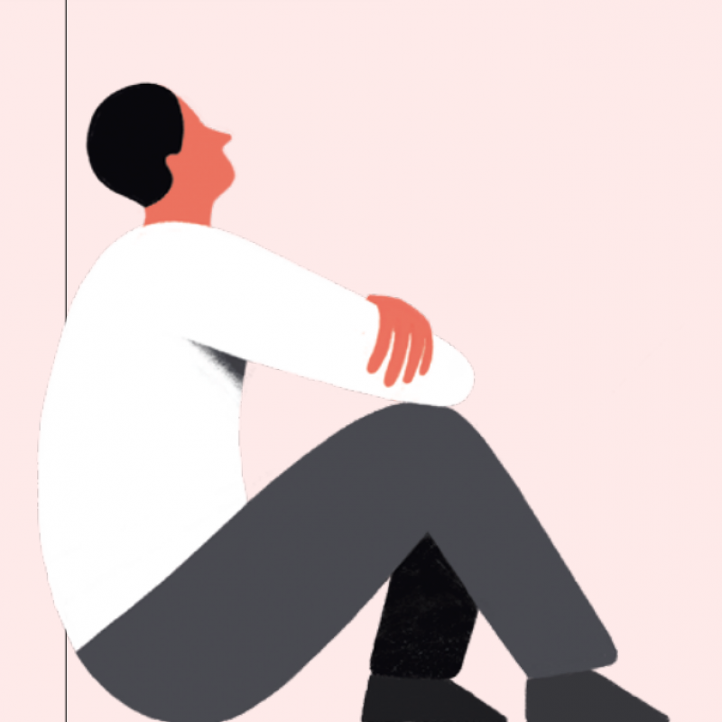 Illustratie van zittend mens met rug tegen de muur